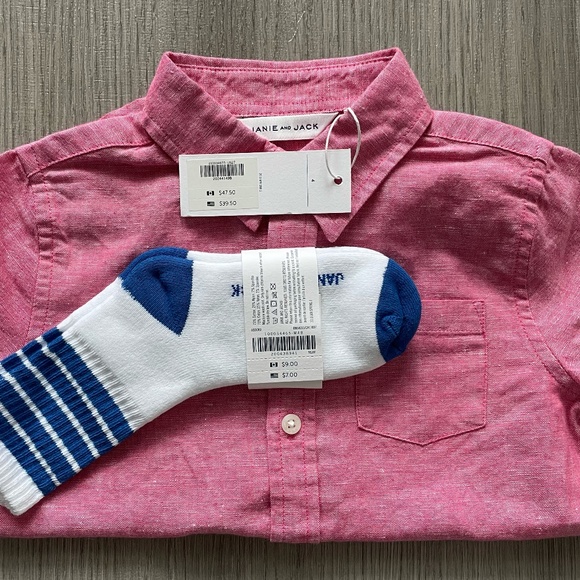 NWT Janie and Jack Boys Linen Button Up Roll-Cuff Shirt & Striped Socks Red 4 - Picture 11 of 12